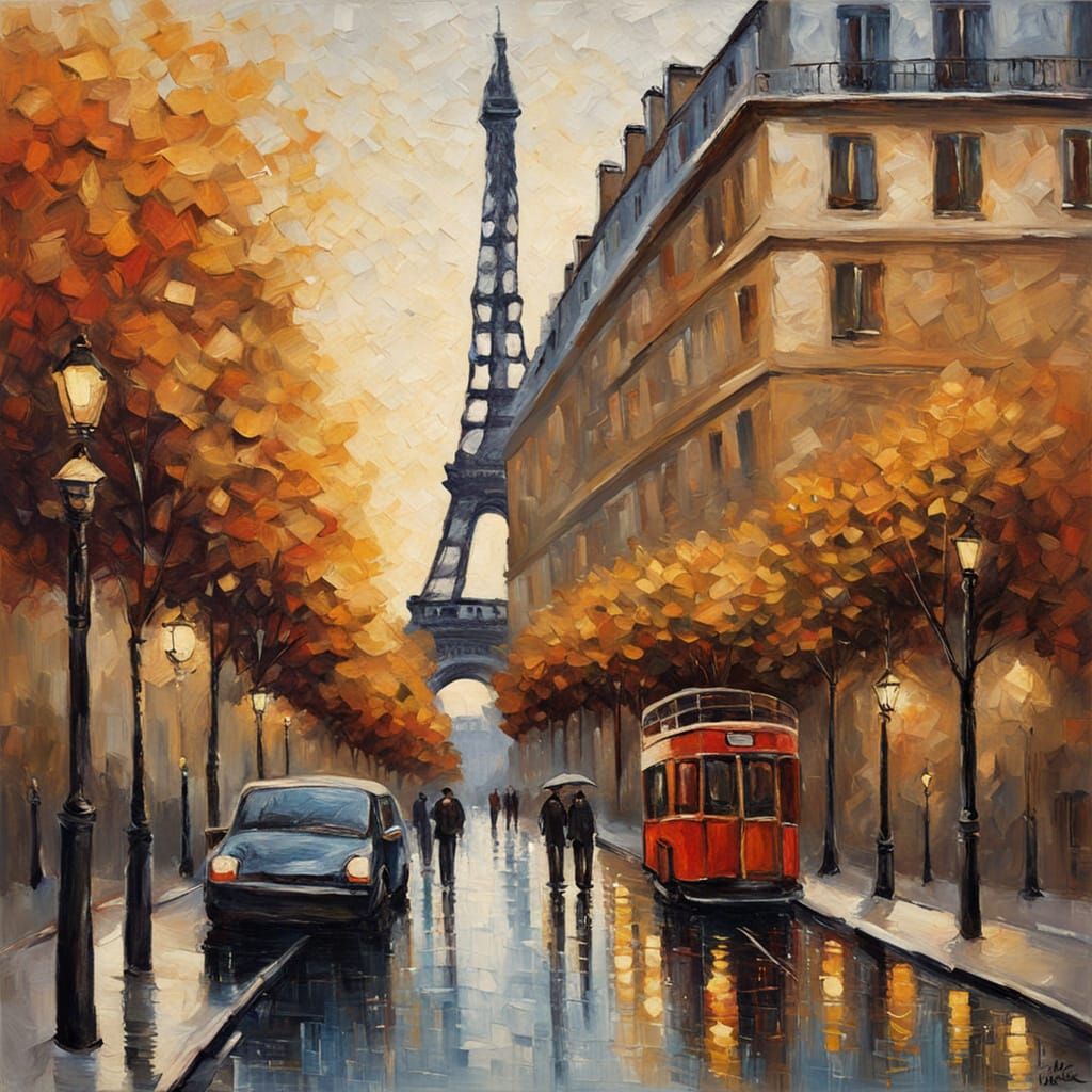 Parisian Street Scene Neo-Impressionist Oil Painting