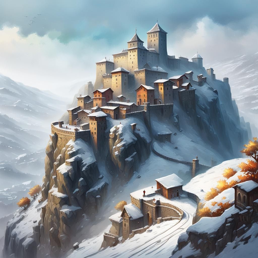 Snowy Fortress Over Italian Village in Splash Art