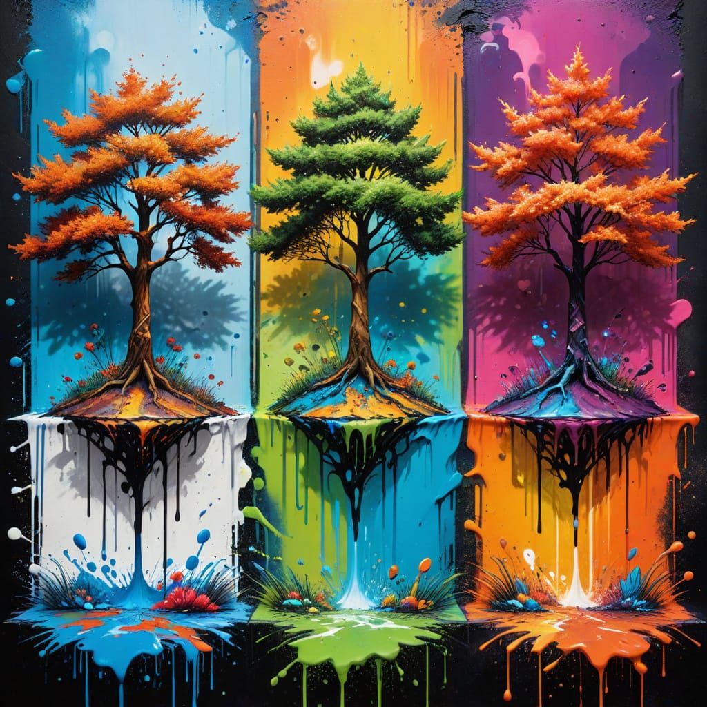 Four Seasons Collide in Vibrant Graffiti Mosaic