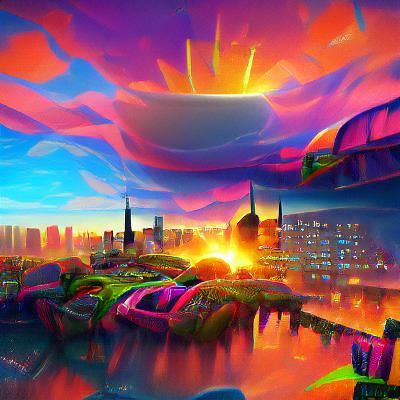 Trippy Sunrise Over a Futuristic Cityscape