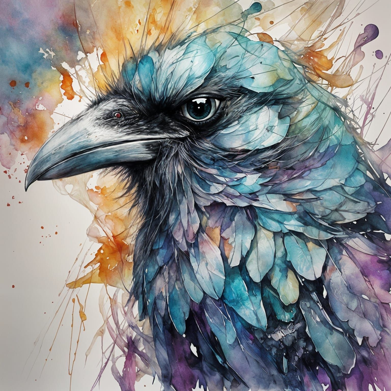 Neon Crow Portrait with Watercolor Effects
