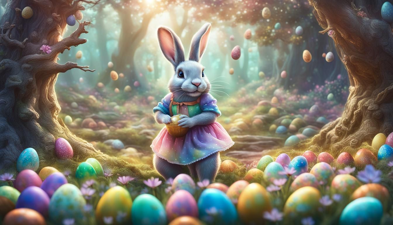 Enchanted Easter: Bunny Hiding Eggs in Forest