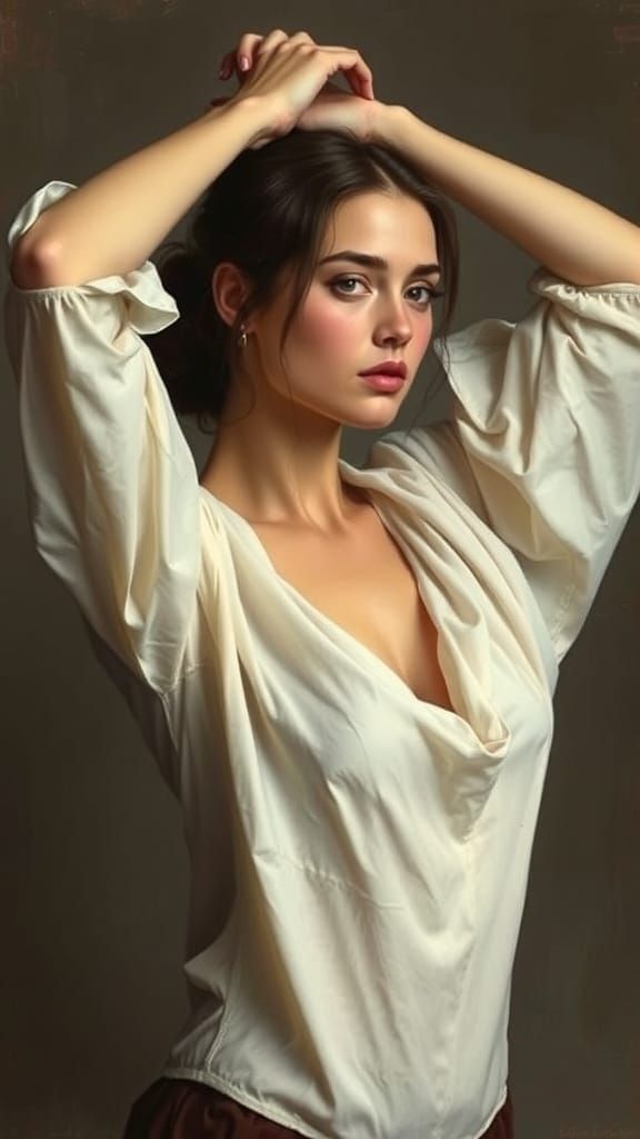 Elegant Woman in Flowing Blouse, Art Nouveau Style