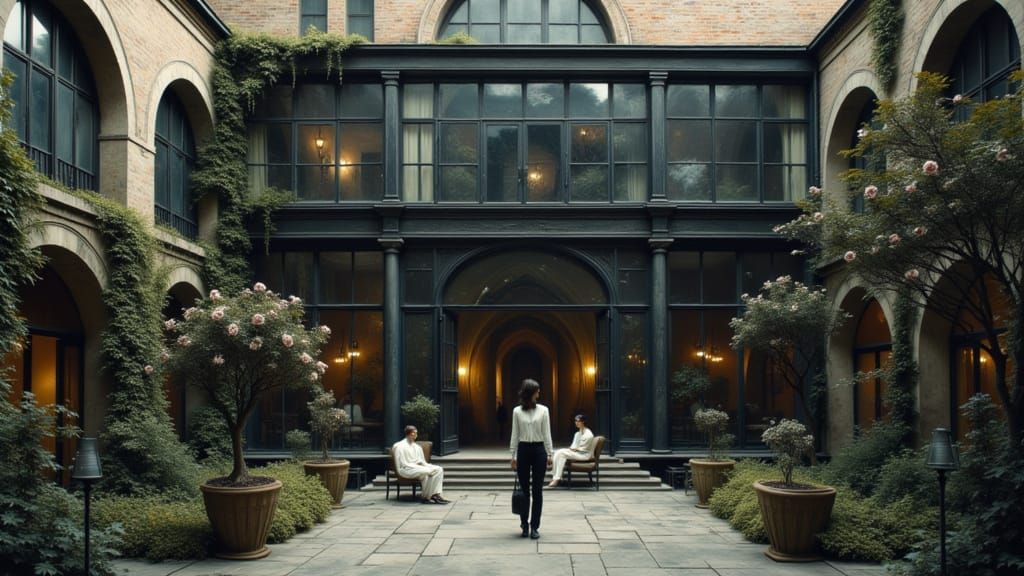 Biophilic Brutalist Architecture with Yakuza in Impasto Styl...