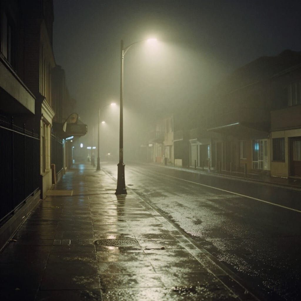 Rainy City Night Street Lamp Glows Through Fog