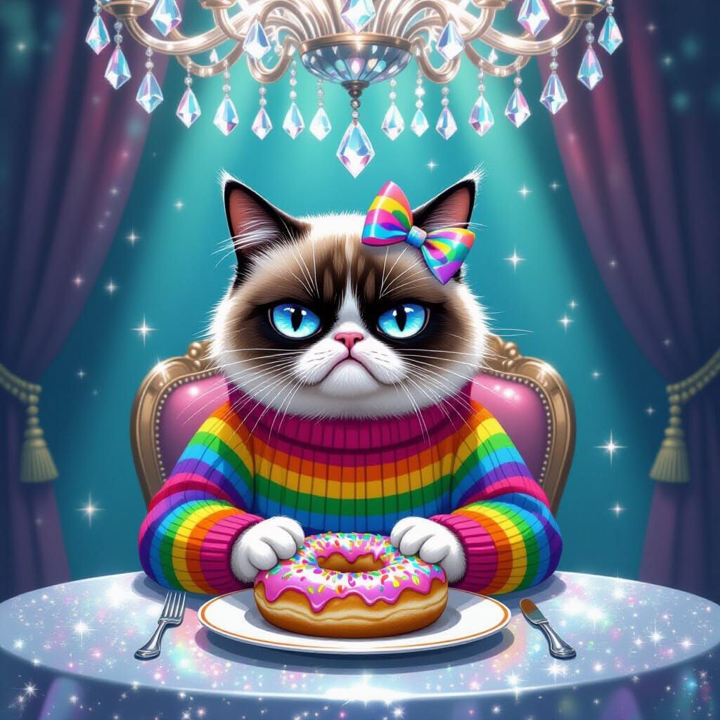 Grumpy Cat Eats Rainbow Bagel in Pop Art Style