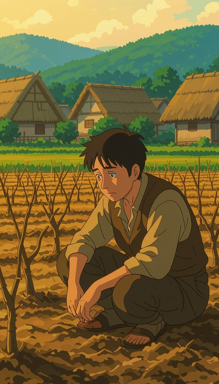 Worried Farmer in Field: Cartoon Style Image