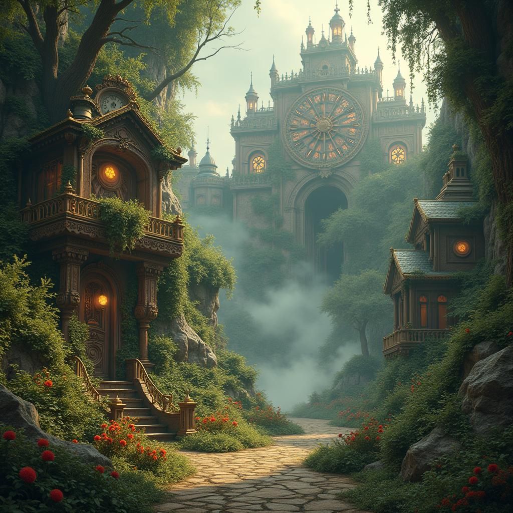 Steampunk Victorian Landscape with Clockwork Details