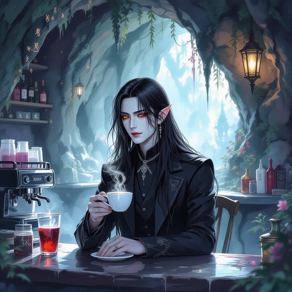 Ethereal Vampire Barista in Spooky Cafe