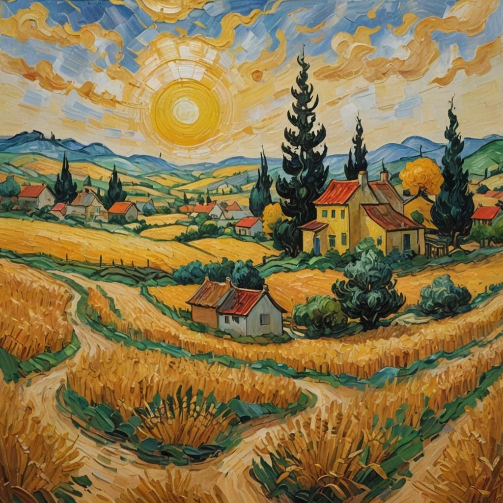 Rural Village Under Swirling Sun as Impasto Painting