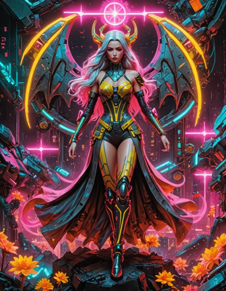 Rainbow Dragon Girl with Metal Skeleton in Space