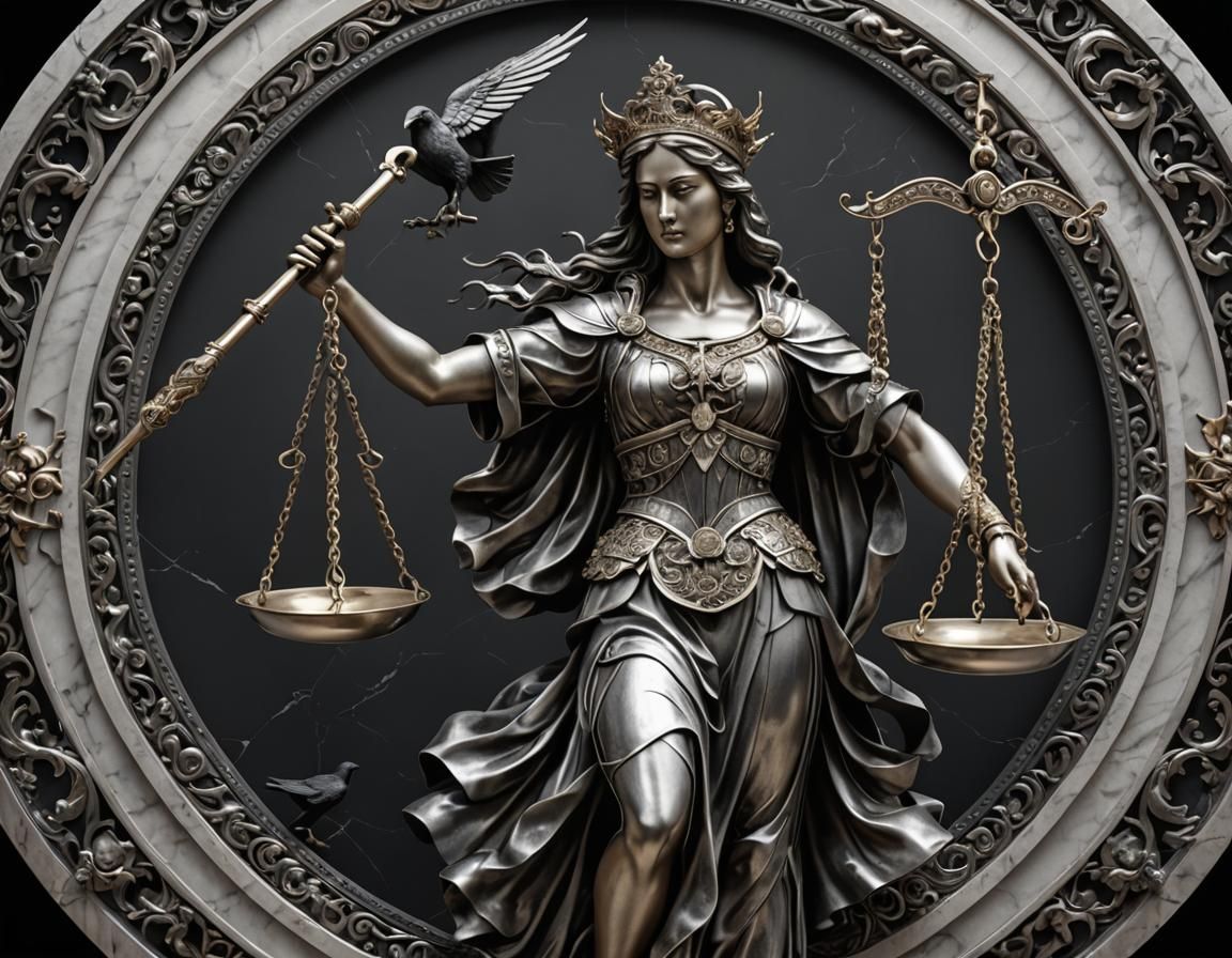 Hyperrealistic Sculpture of Blind Justice with Crow