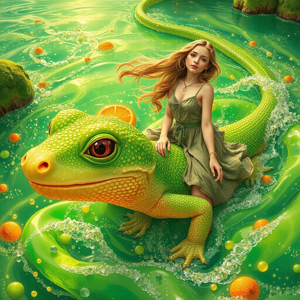 Woman on Gummy Salamander in Soda Sea, Whimsical Art
