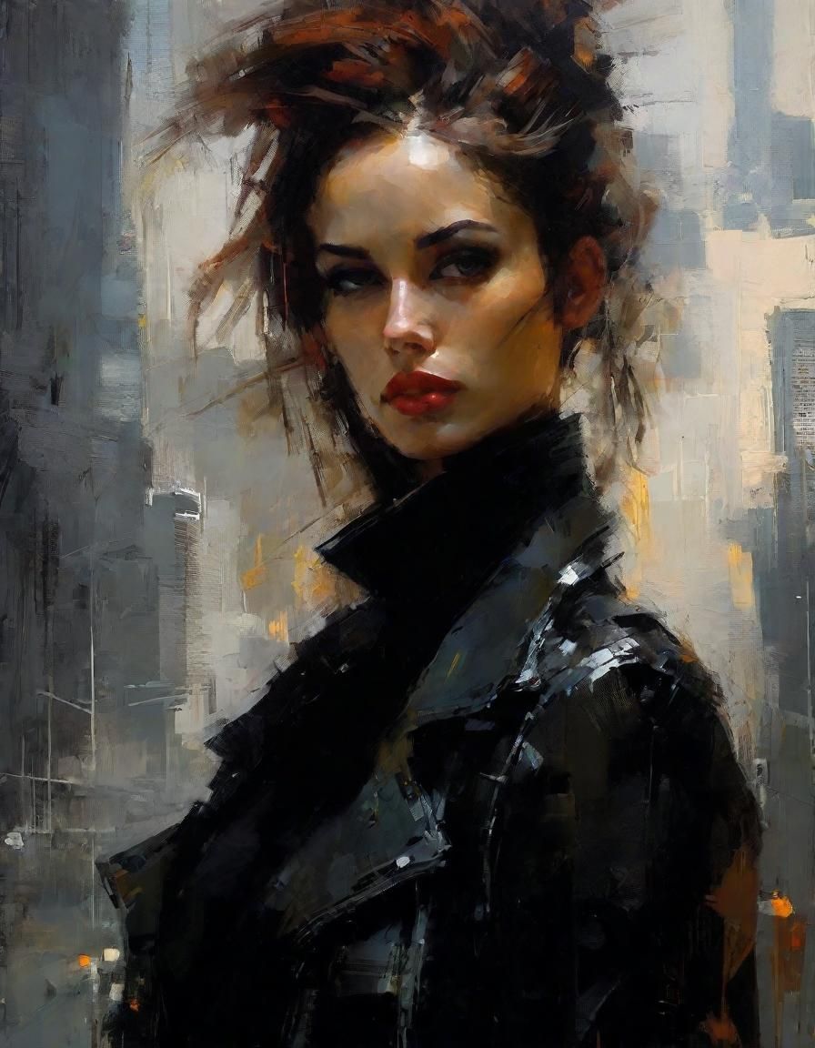 Gritty Noir Punk Girl in Retro Futuristic Dystopian Landscap...