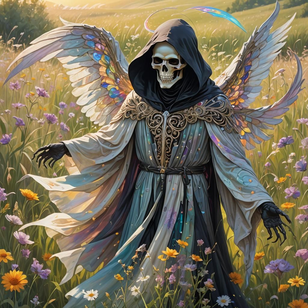 Angelic Grim Reaper Twirling in Sunny Meadow