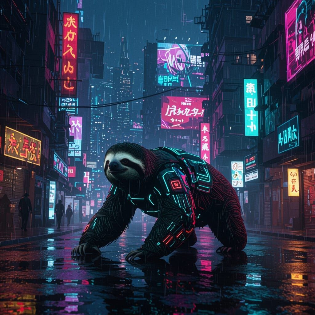 Cybernetic Sloth in Neon Cyberpunk City at Night