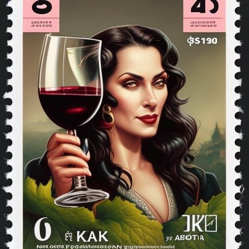 Woman Drinking Wine on Postage Stamp in Detailed Ink