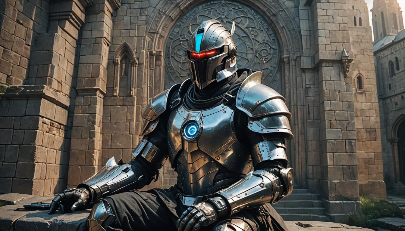 Cyberpunk Knight Watches Cityscape