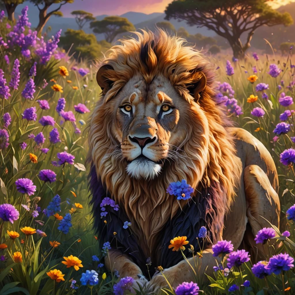 Lion with Floral Mane in Lush Savannah