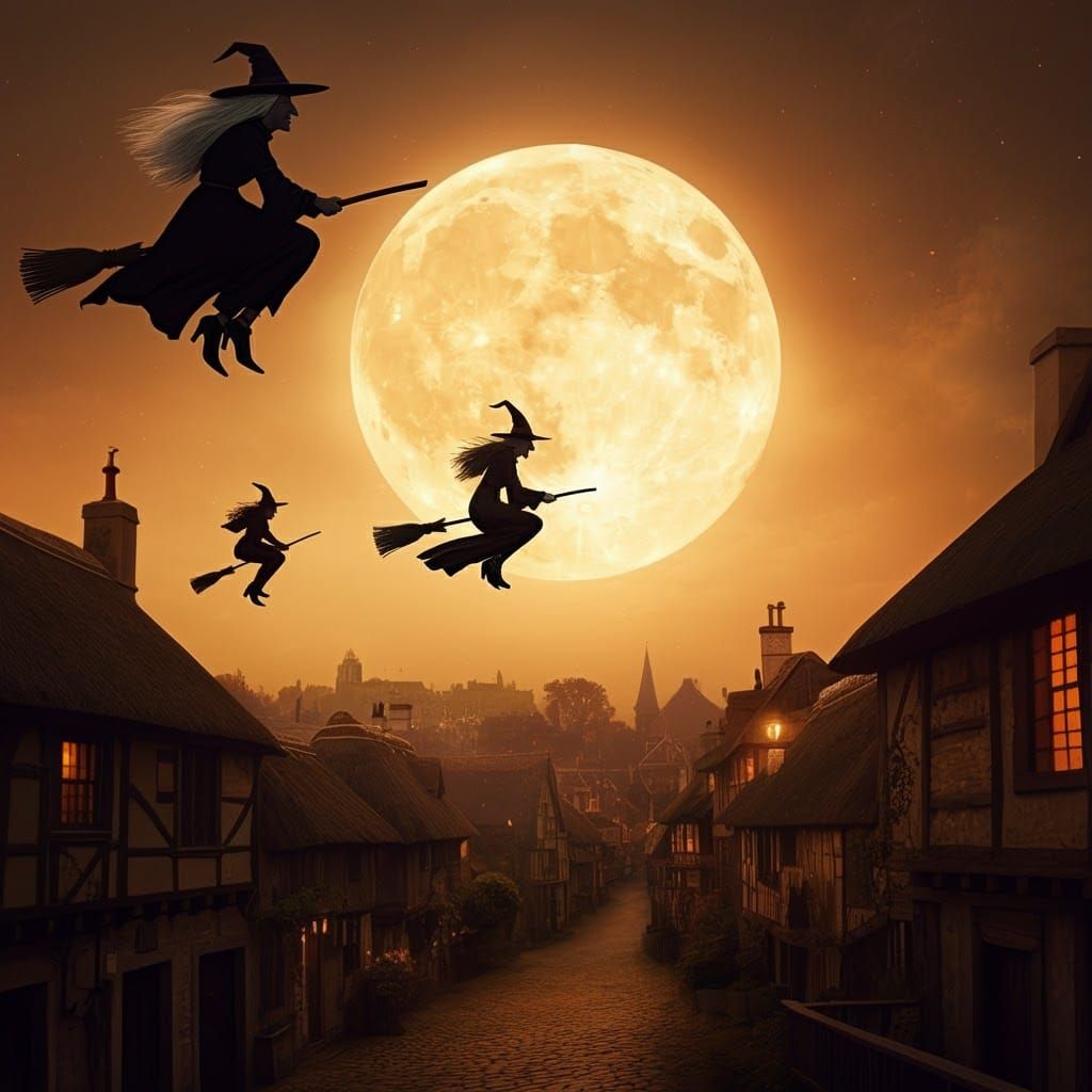 Witches Silhouettes Soaring Over Medieval Town