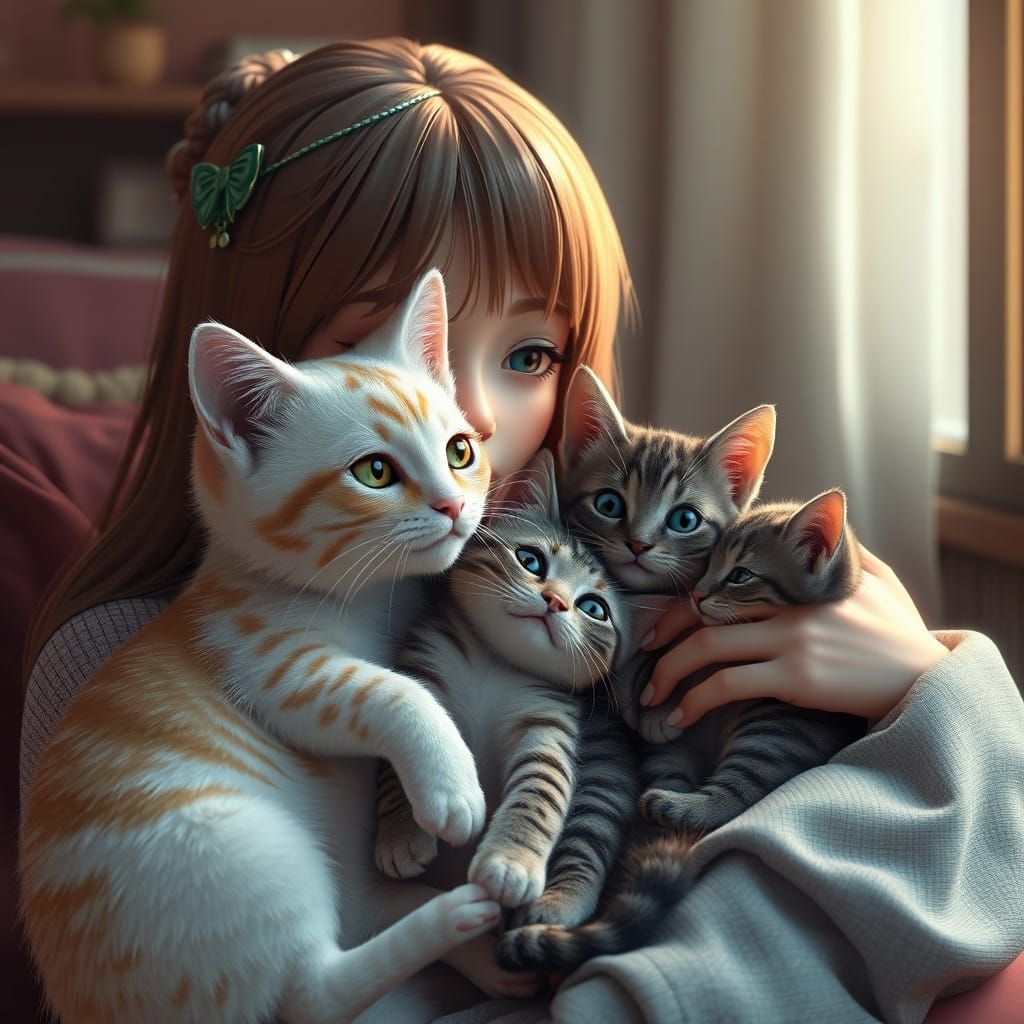 Motherly Anime Goddess with Adorable Kitten Offspring