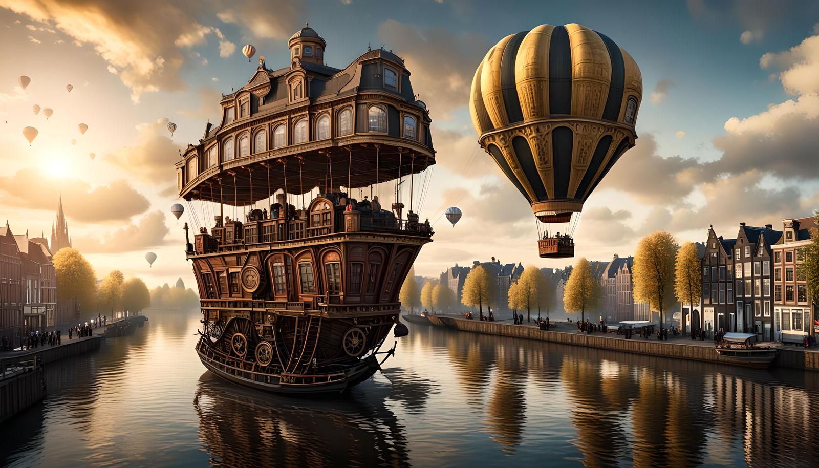 Steampunk Hot Air Balloon Over Amsterdam: 3D Render