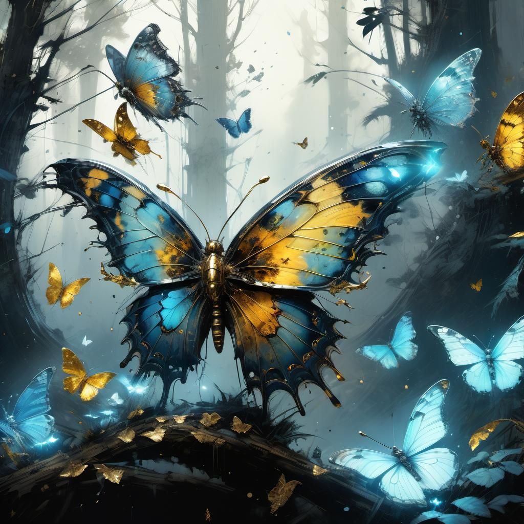 Luminescent Forest Butterfly in Glittering Golden and Silver...