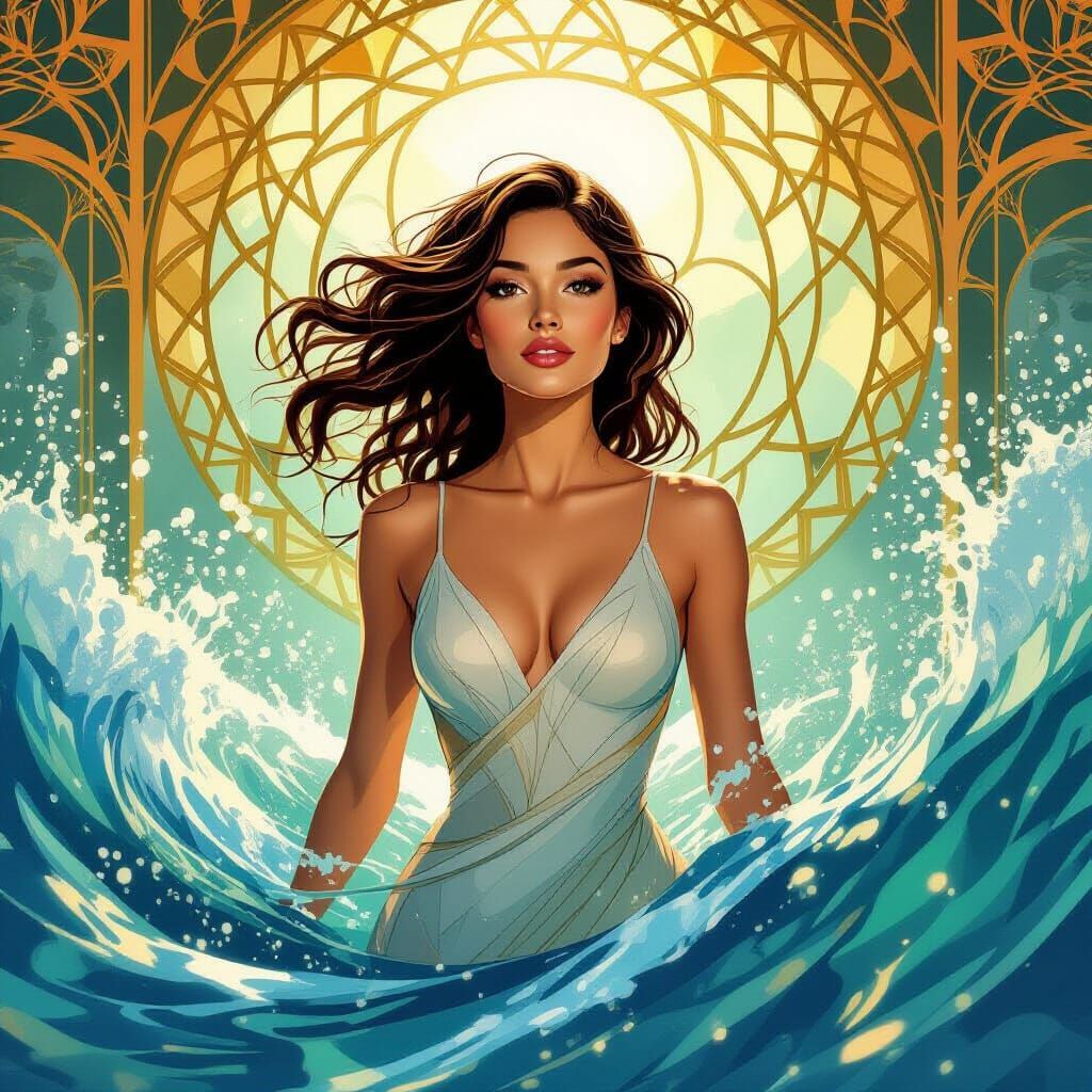 Woman with Water Ribbons and Golden Lines in Deco Style