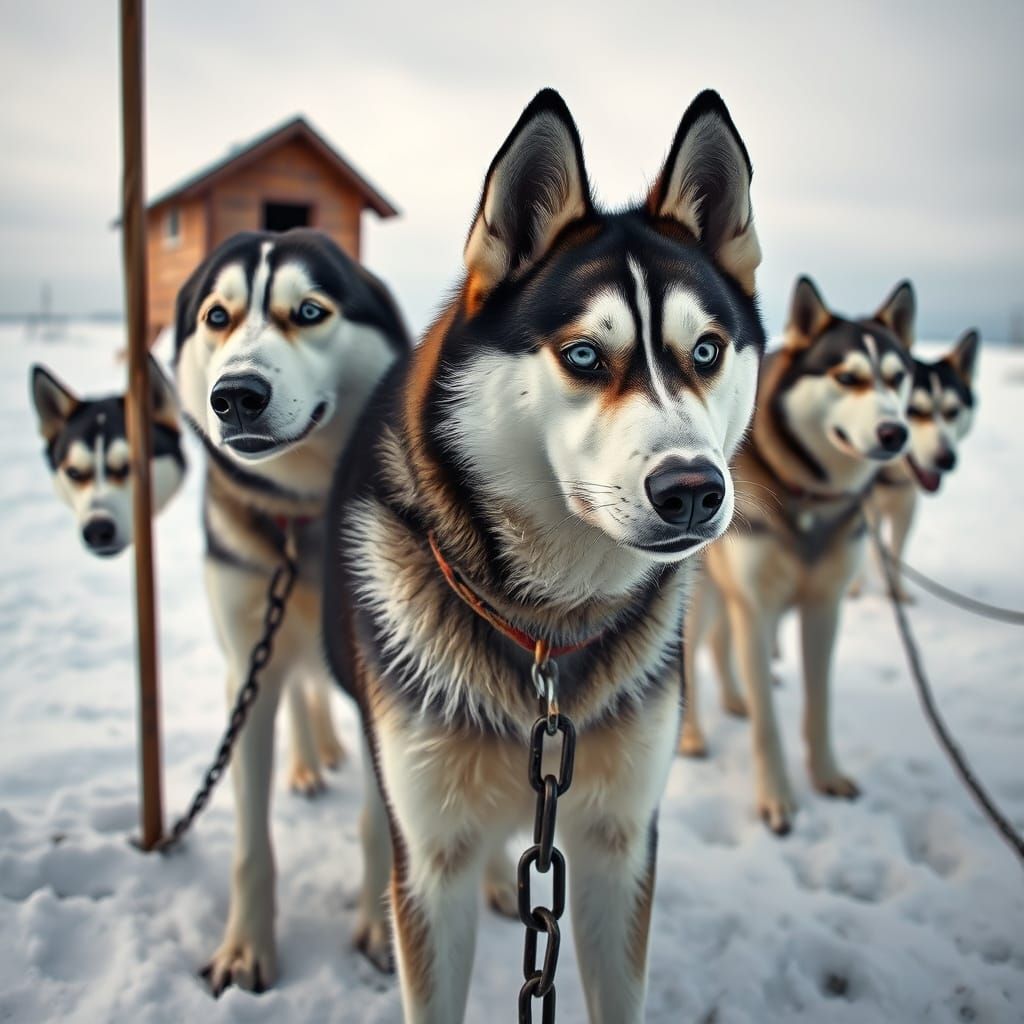 Sled Dogs in Desolate Snowy Landscape
