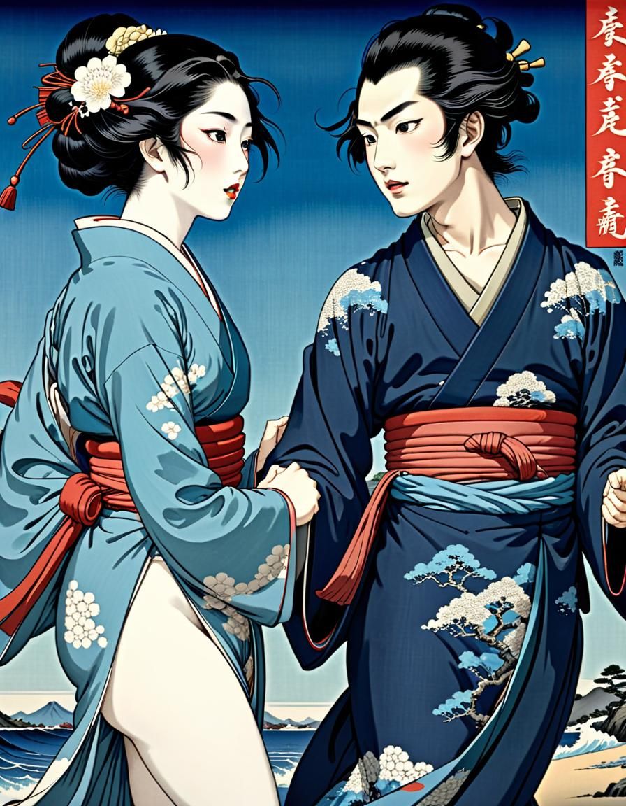 Ukiyo-e Style Androgynes Dancing in Seascape