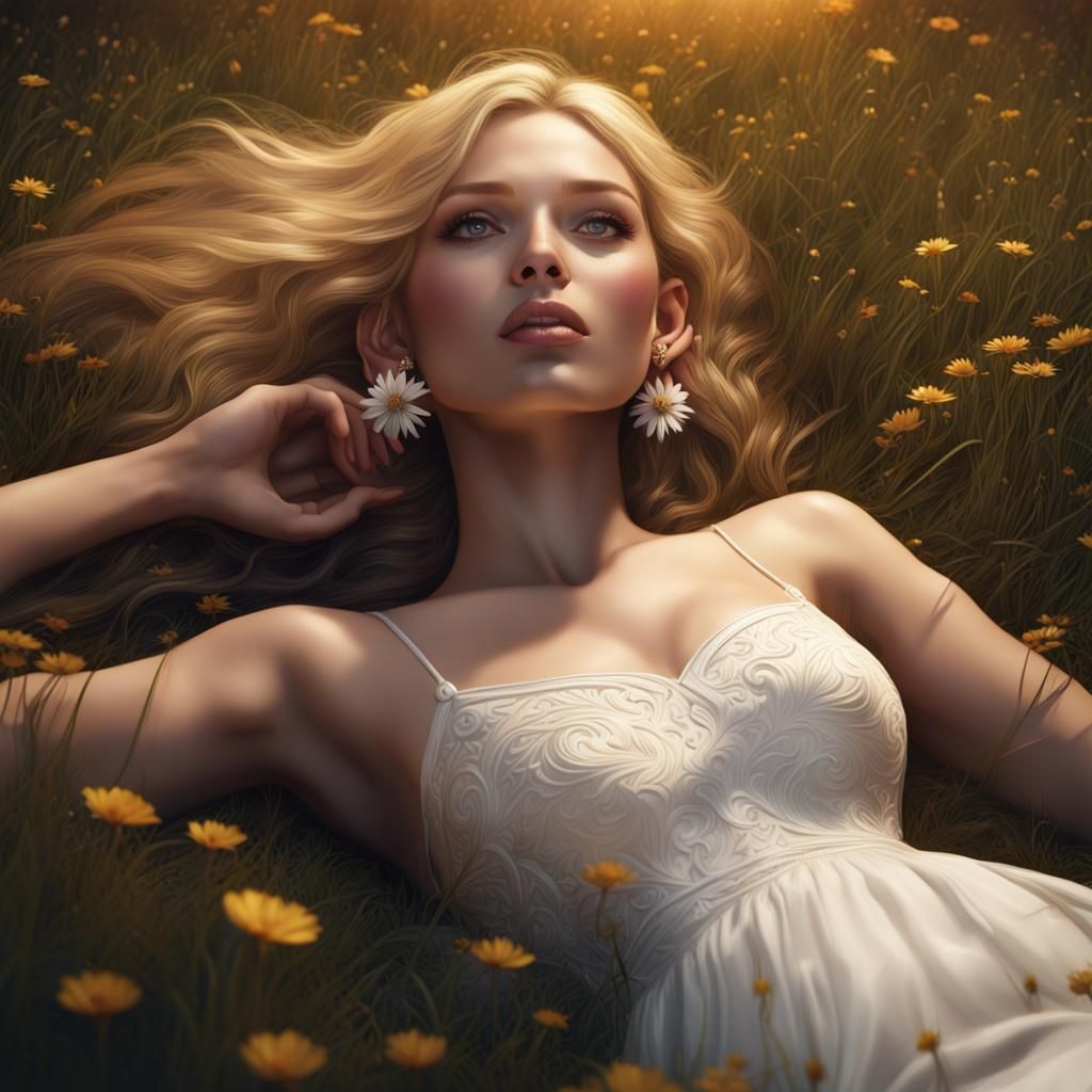 Woman Lying on Grass: Detailed Matte Painting