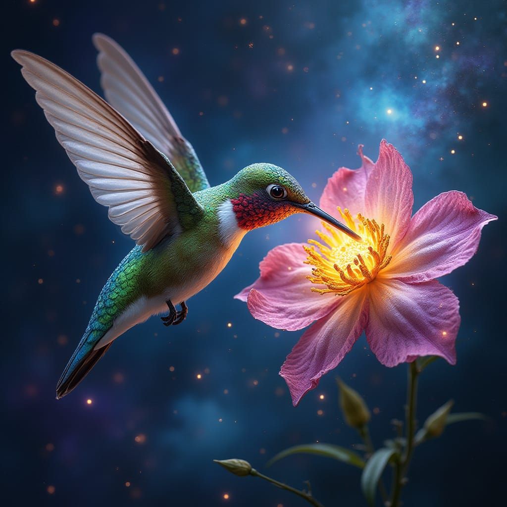Celestial Hummingbird Sipping Nectar from Cosmic Flower