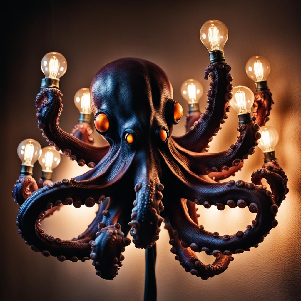 Eerie Octopus Lamp with Glowing Eyes: Hyper-Realistic Photo