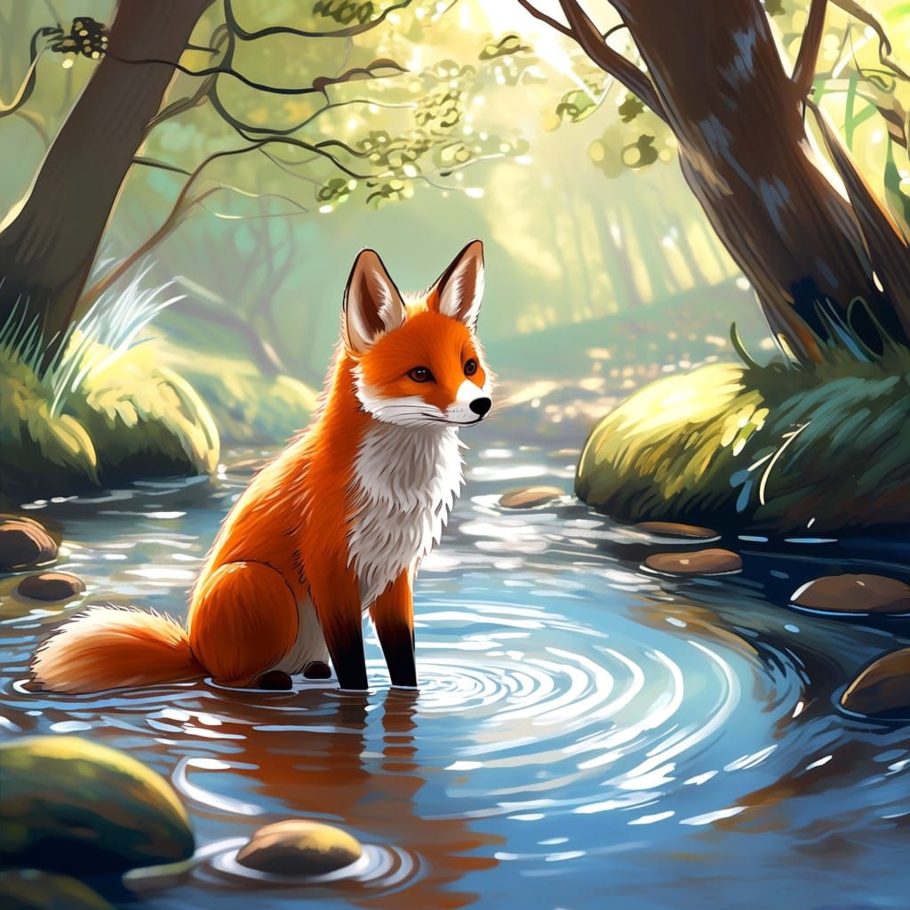 Fluffy Fox in Stream, Whimsical Illustrative Style