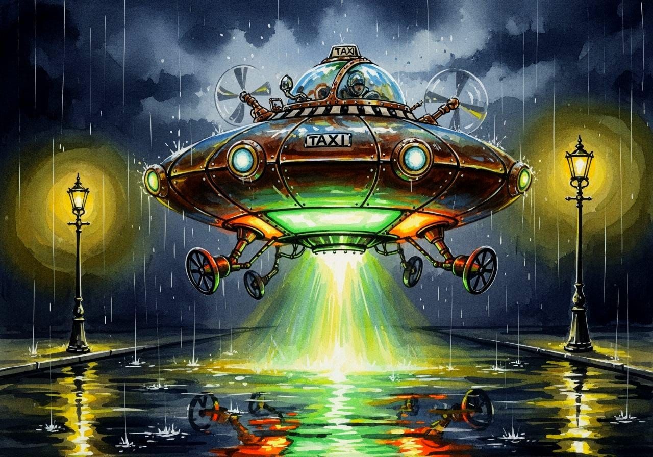 Steampunk Flying Saucer Taxi in Neon Watercolor