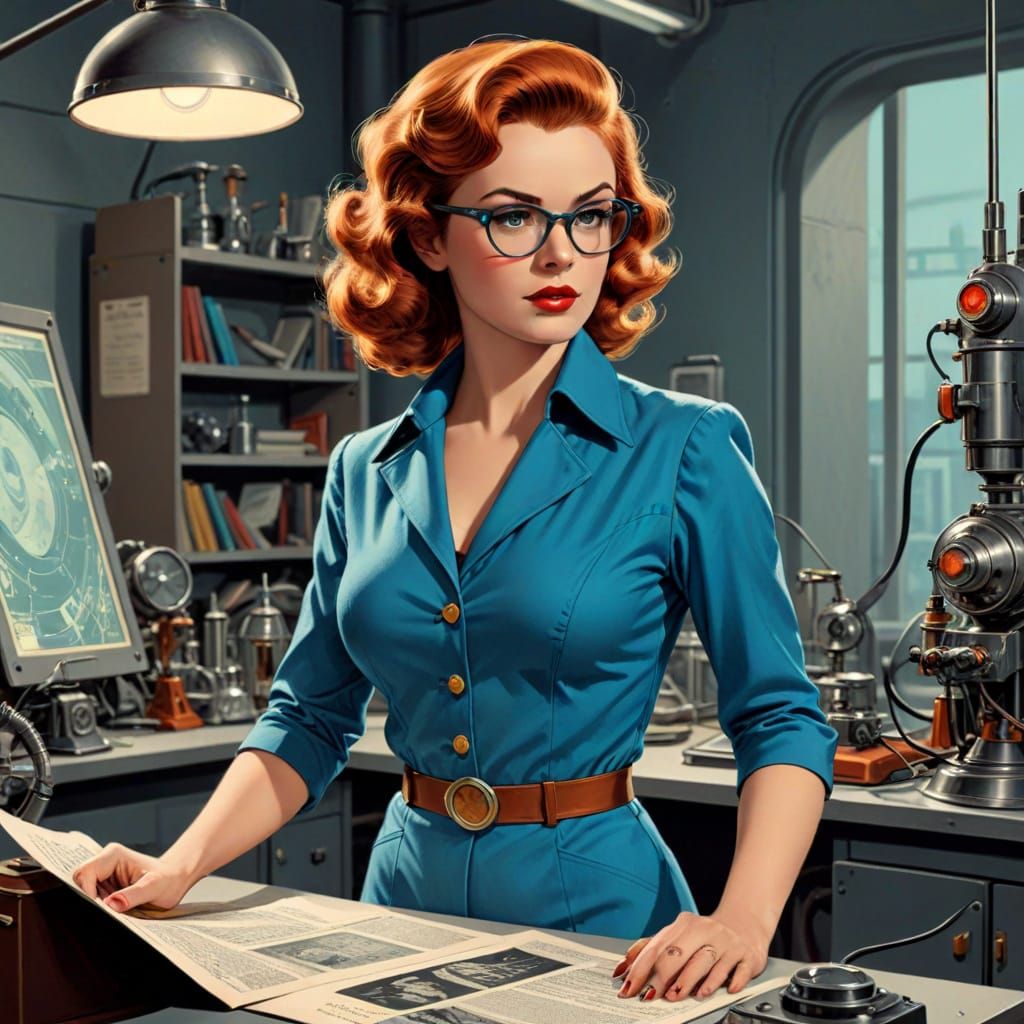 Girl in Futuristic Lab, as Vintage Comic Art