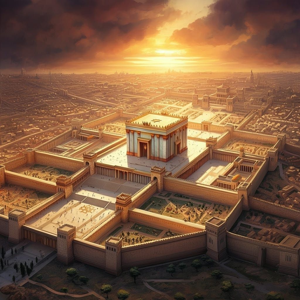 Majestic Temple Complex Descends in Fiery Aerial View
