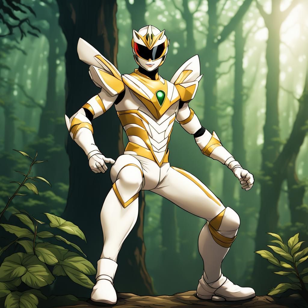 Insect-Themed Ivory Power Ranger in Anime Style