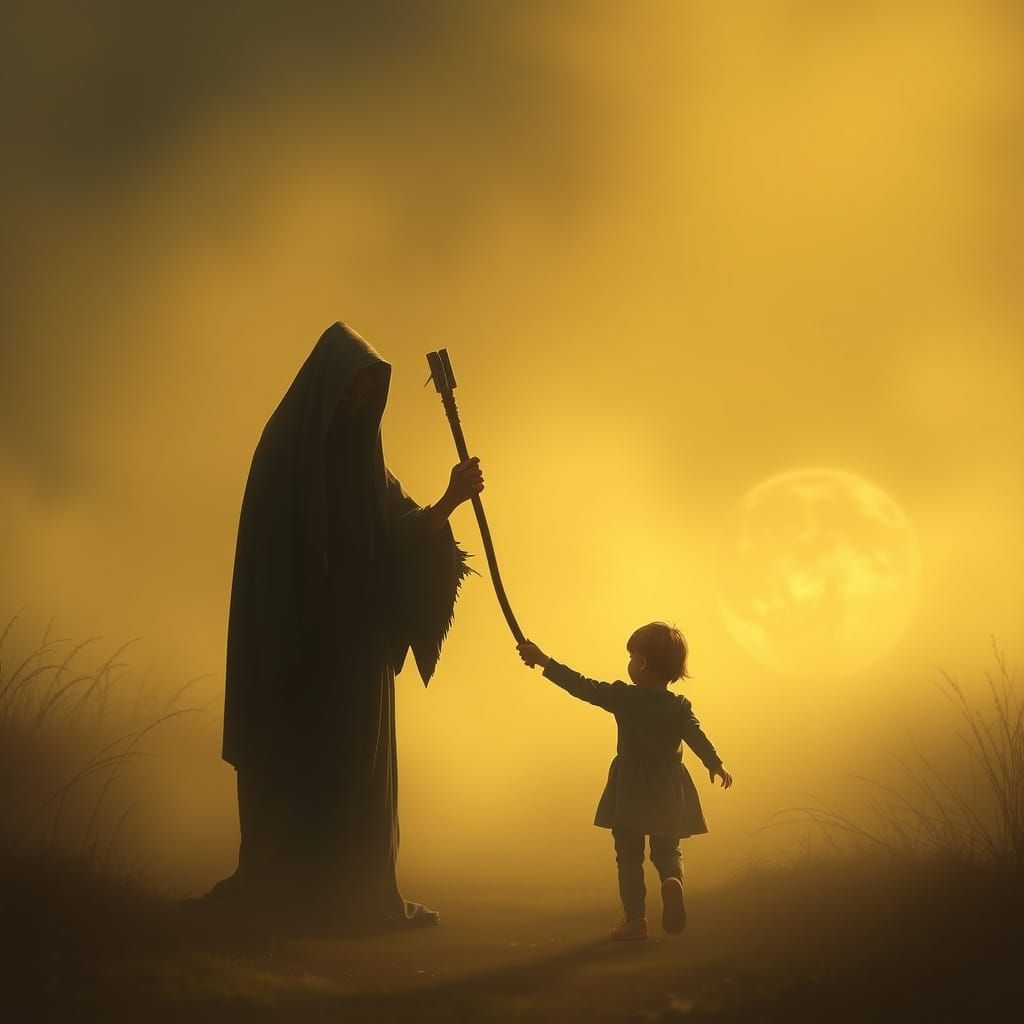 Gentle Grim Reaper Leads Child Through Ethereal Fog