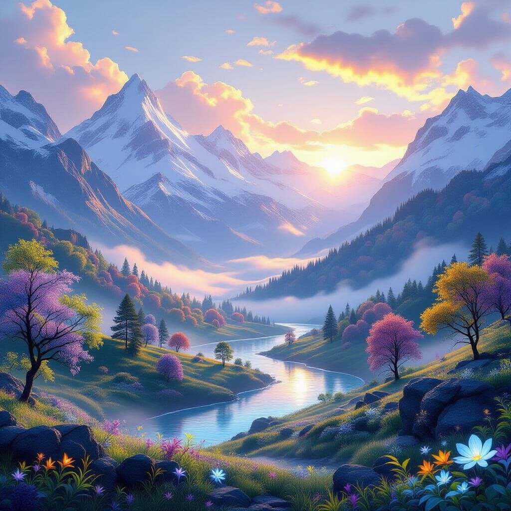 Ethereal Fantasy Landscape at Dawn with Jewel-Toned Trees