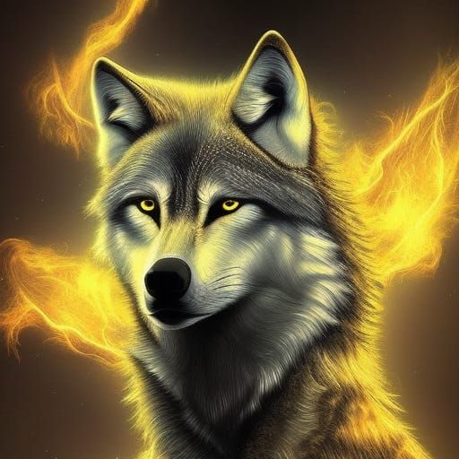 Mystical Wolf with Silver and Gold Flames