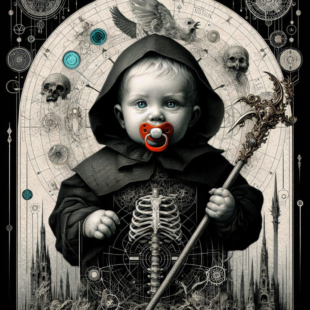 Baby Grim Reaper Portrait in Biopunk Etching Style
