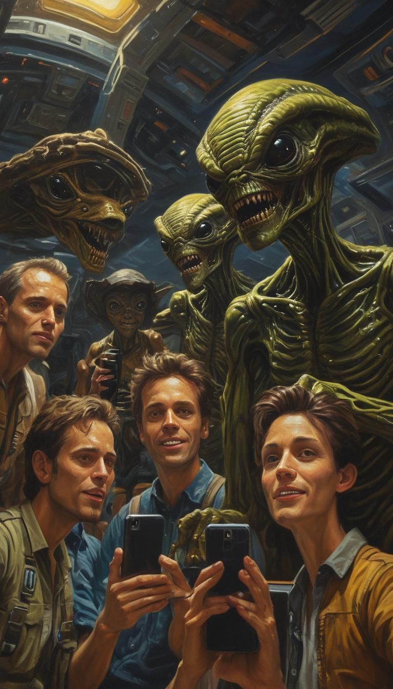 Aliens Take a Selfie: Oil Painting by Gurney