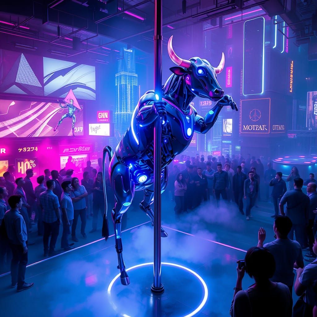 Cybernetic Cow Dances in a Neon-Lit Metropolis
