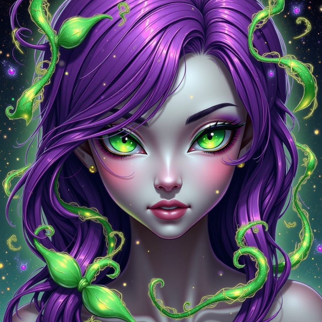 LilacVenom: Psychedelic Fae Portrait with Emerald Eyes