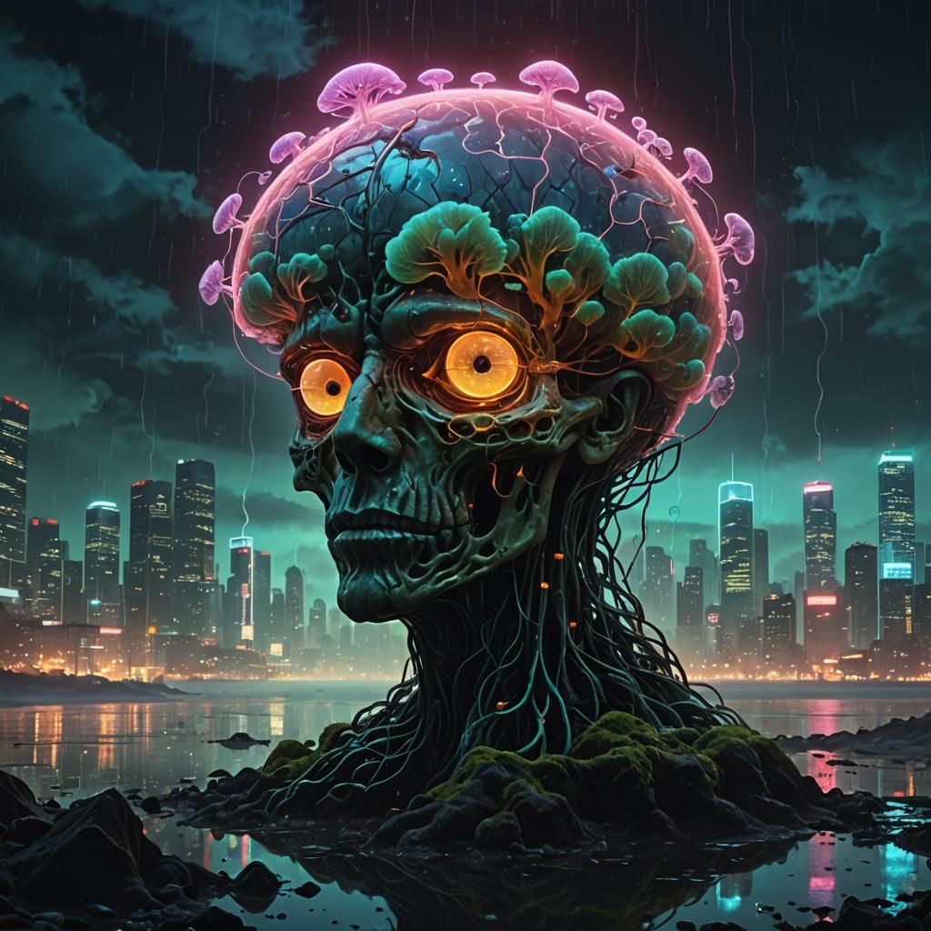 Beksiński-Inspired Dark Fantasy with Bioluminescent Elements