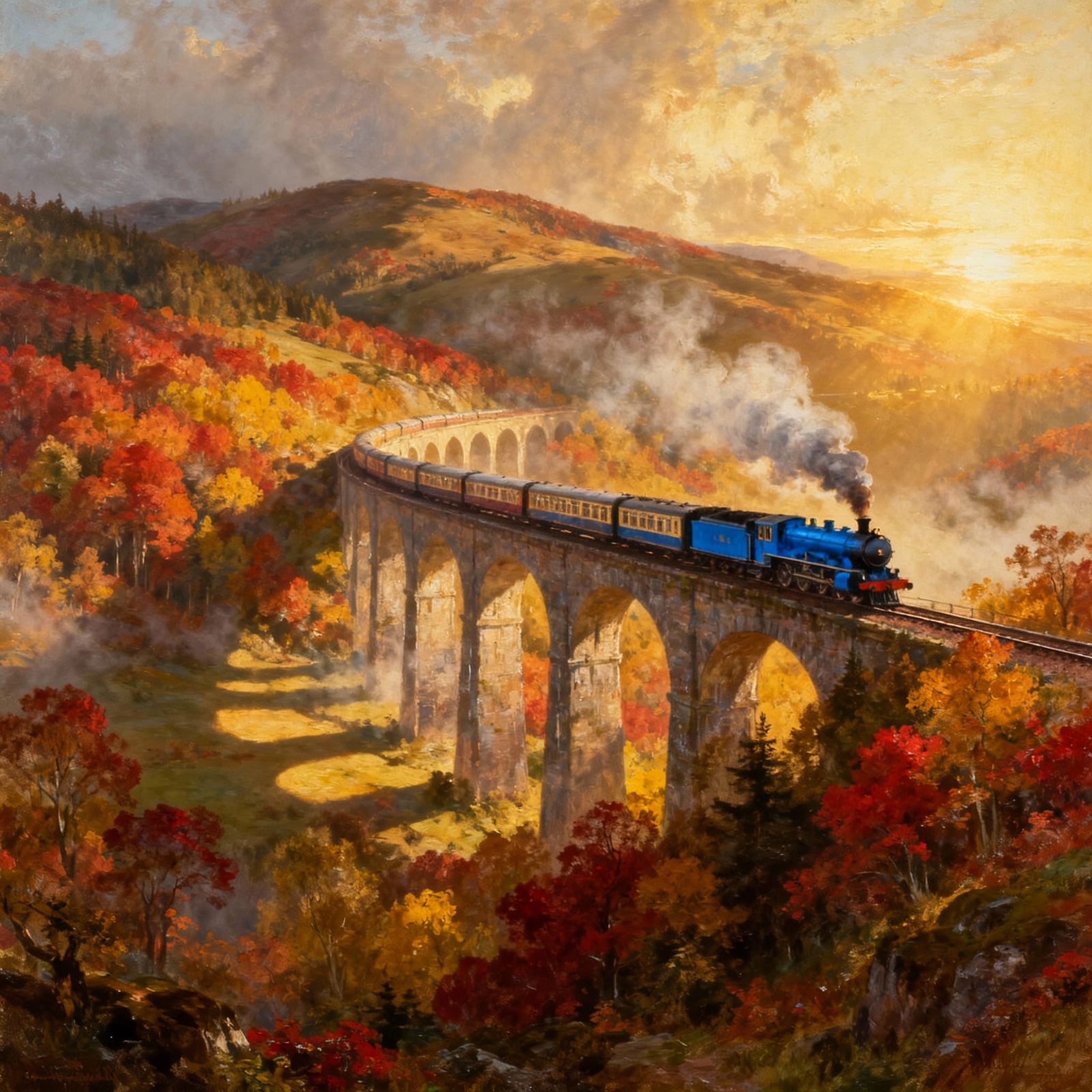 Romantic Oil Painting of a Blue Steam Train Crossing Autumn ...