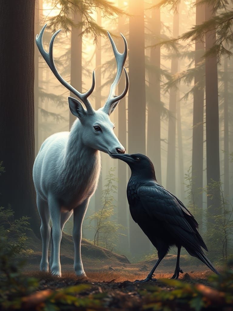 White Deer and Black Raven Meeting in Misty Forest