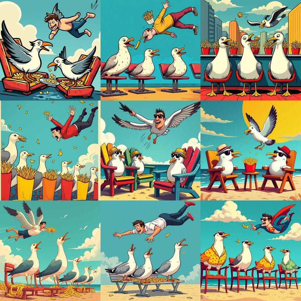 Vibrant Cartoon Scene of Seagulls and Thief in Triadic Color...