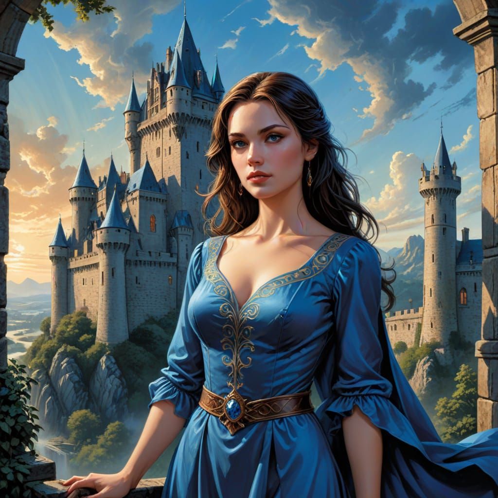 Elegant Woman in Blue Dress, Comic Book Art